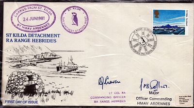 Lt. Col R. A. Craven and Major P. B. Collins signed 'St Kilda detachment RA Range Hebrides' 
