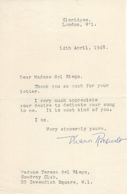 Eleanor Roosevelt, former First Lady of the USA, typed letter, dated 1948, signed by Eleanor 