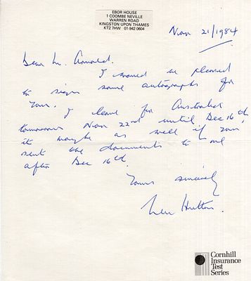 Len Hutton, legendary Yorkshire and England cricketer, signed hand written letter on Cornhill 