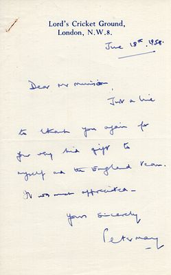 Peter May, legendary cricketer and former Chairman of the ECB signed hand written letter on 