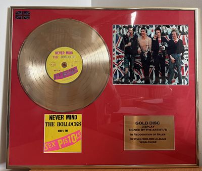 Sex Pistols Framed Gold Disc Display with signed colour photo. 24x20.