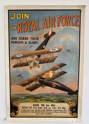 Reproduction of a vintage Royal Air Force recruitment poster from 1918 held by the Imperial War 