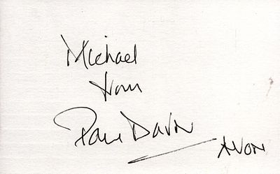 Paul Darrow signed five by three inch white