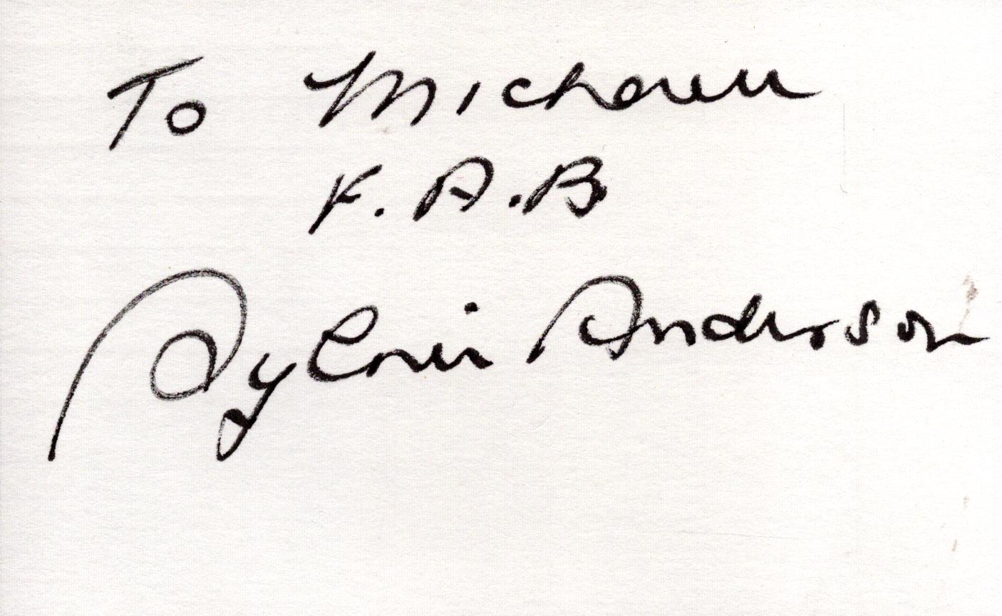 Sylvia Anderson signed 6X4 inch white card dedicated