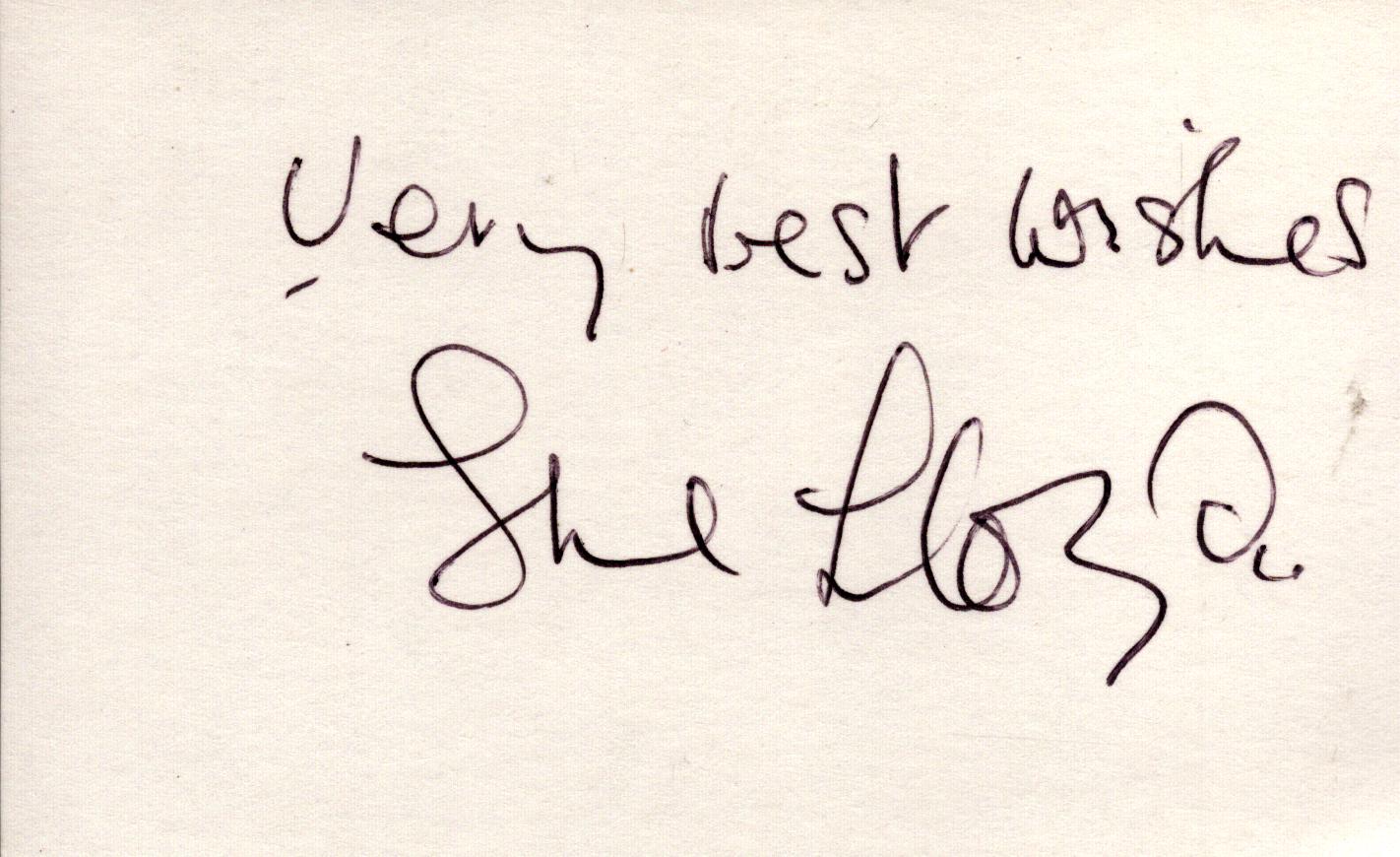 Sue Lloyd signed 5x3 inch white card