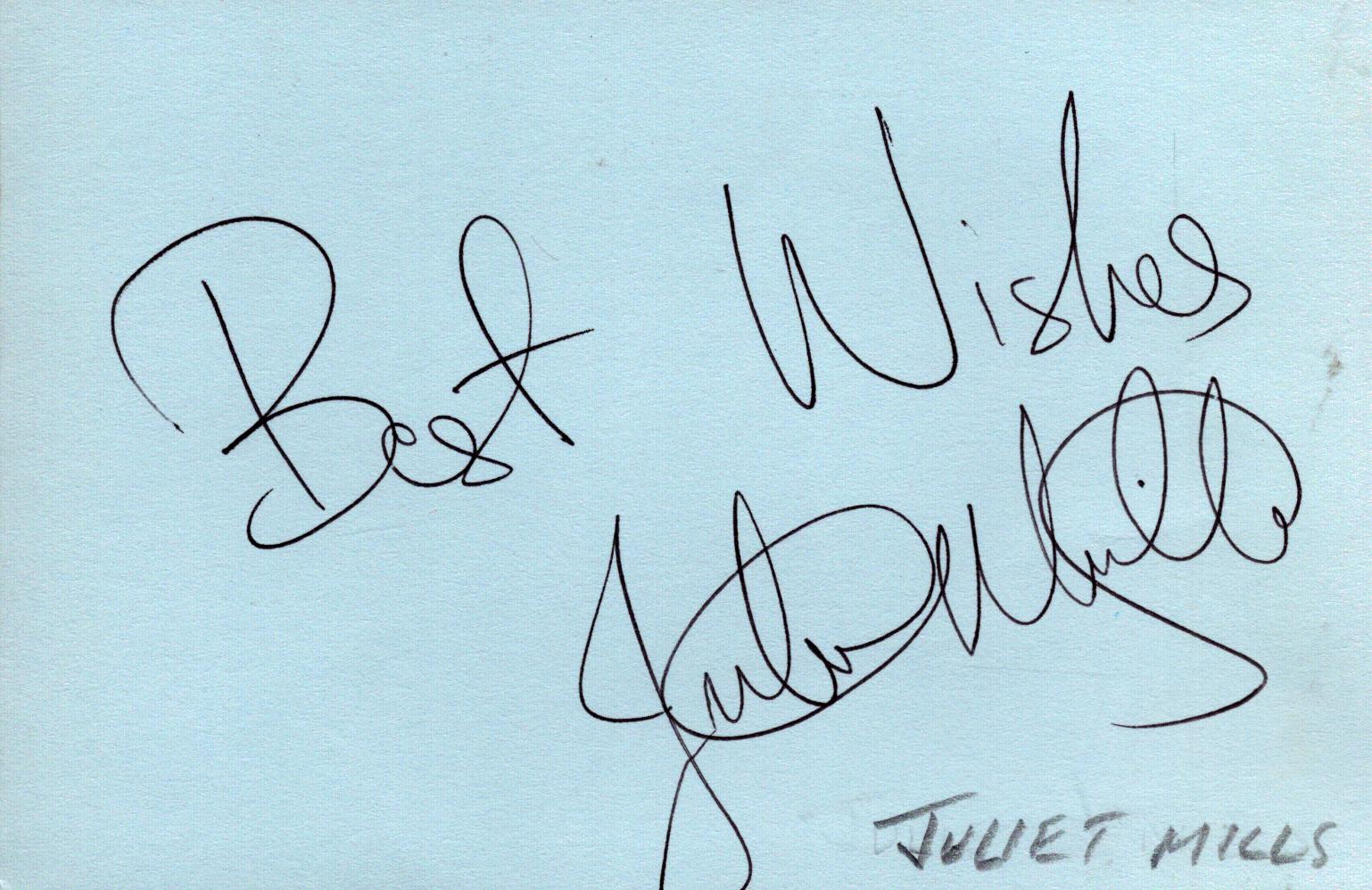 Juliet Mills Signed 6x 4 inch blue card