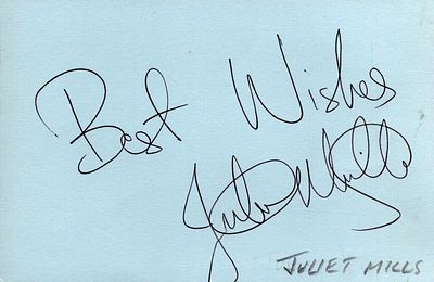 Juliet Mills Signed 6x 4 inch blue card
