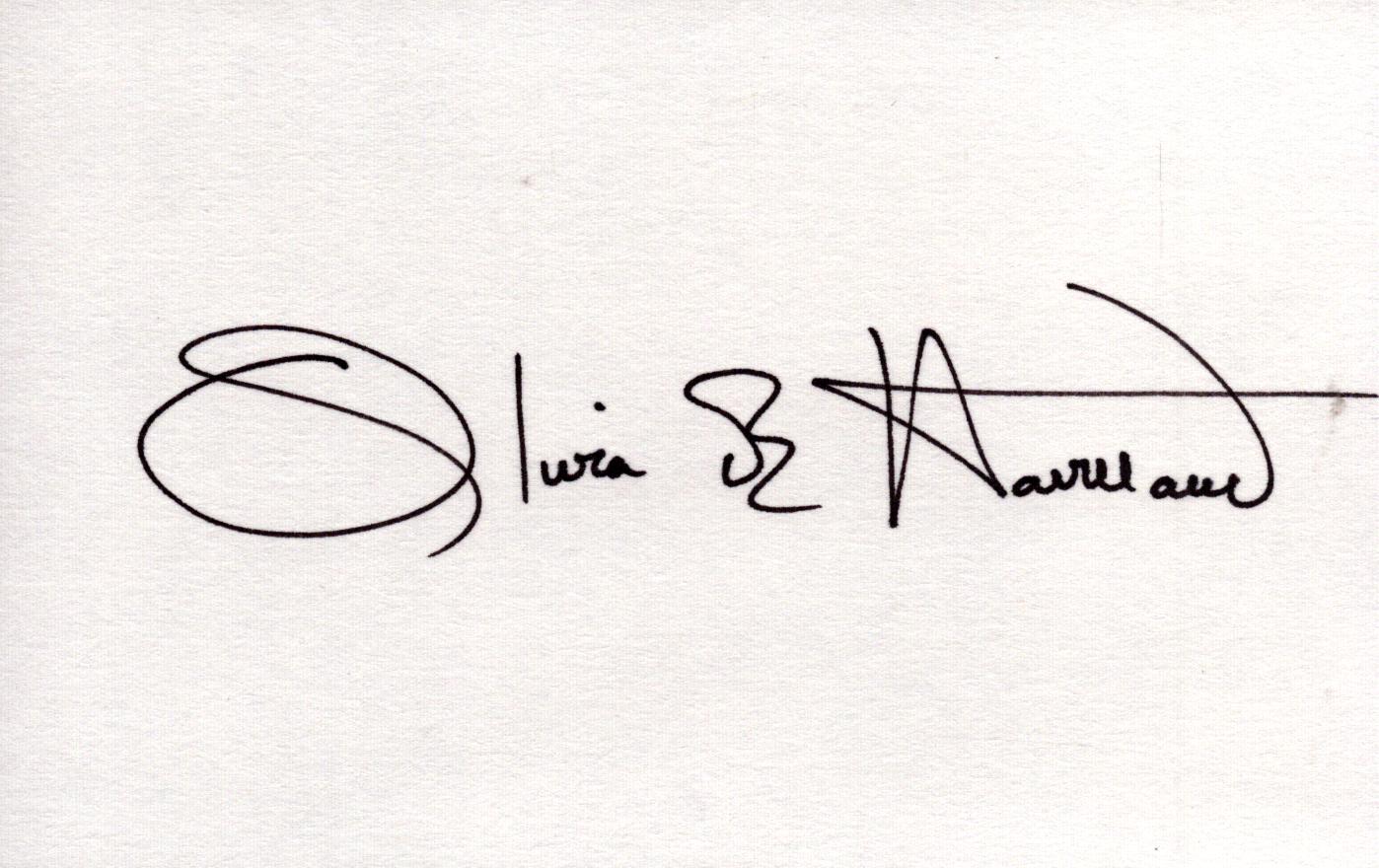 Olivia de Havilland signed 6x54 inch white card