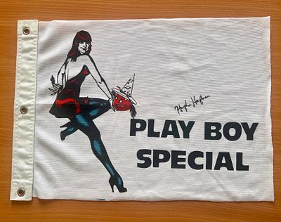 Hugh Hefner signed Play Boy Special promo flag.