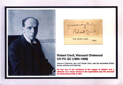 Robert Cecil Viscount Chelwood CH, PC,QC (1864-1958) 12x8inch signature piece includes signed 