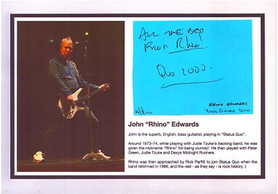 John "Rhino" Edwards 12x8inch signature piece includes signed album page affixed to bio sheet.
