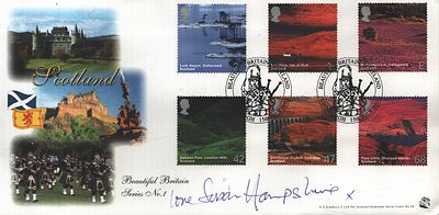 Susan Hampshire signed FDC. Scotland. Six Stamps plus Double post marked.