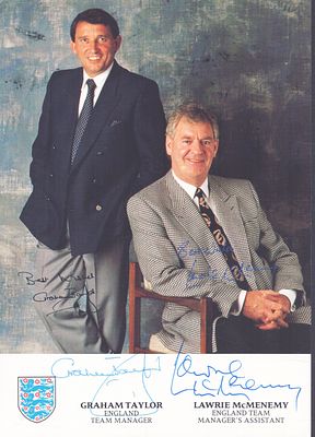 Graham Taylor and Lawrie McMenemy signed Promo card, 8x6inch.