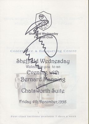 Bernard Manning signed event menu.