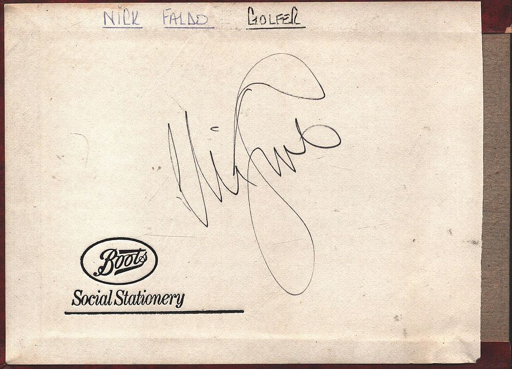 Nick Faldo signed 6x4inch autograph page.