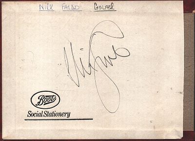 Nick Faldo signed 6x4inch autograph page.