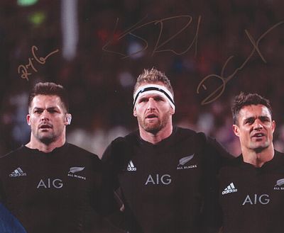 Richie McCaw, Dan Carter and Kieran Read signed NewZealand All Blacks 10x8inch colour photo.