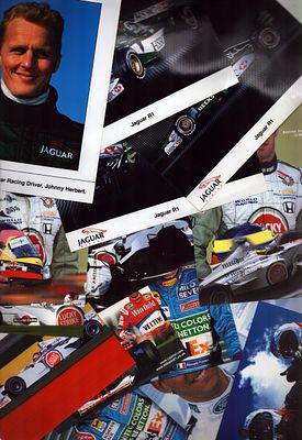 Collection of photos / postcards such as Johnny Herbert, Jaguar R1, Jaques Villeneuve, Ricardo 