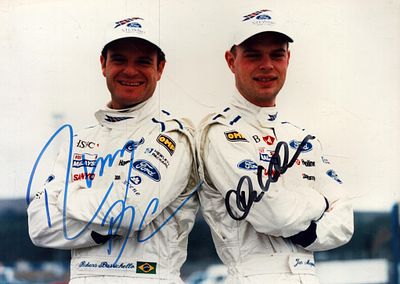 Rubens Barrichello and Jan Magnussen signed 7x5inch photo.