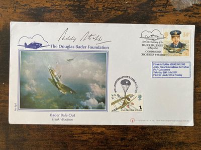 Flown Spitfire Bader Bale Out FDC Signed Paddy Barthropp Battle Britain Pilot. I joined the RAF 