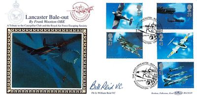 WW2 Flt Lt Bill Reid VC Signed Lancaster Bale-Out Benhams Silk Cachet FDC. 5 Aviation British 
