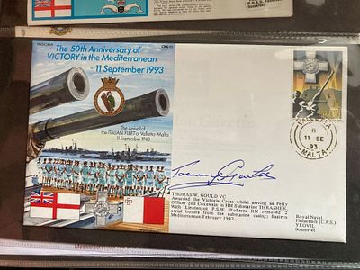 WW2 Tommy Gould VC Victoria Cross Signed rare 50th ann Victory in Med Navy cover. 50th Ann 