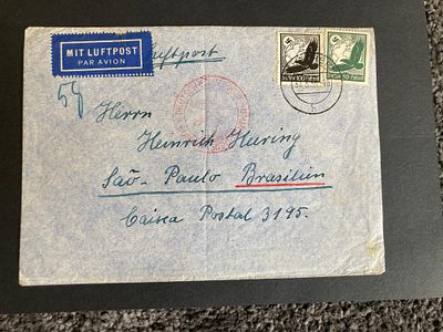 RARE Germany to Brazil 1938 flown cover. Two 100, 50 fg German Eagle stamps and postmark 
