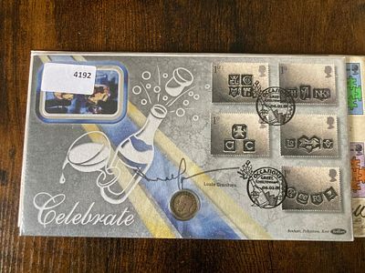 Leslie Grantham signed 2006 Occasions Benham official Coin FDC PNC, Old GB 1/2d coin inset. 