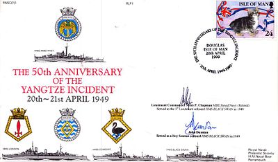 Rare Yangtze River Navy cover signed by action veterans. Lt Cdr Miles P Chapman MBE HMS Black 