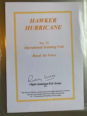 WW2 RAF pilot Flt Lt Rodney Scrase DFC 71 sqn signed Hawker Hurricane Bookplate. 7 x 5 inch 
