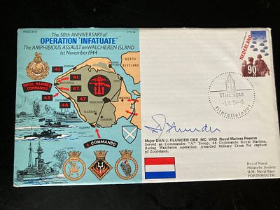 Mjr Dan Flunder OBE MC signed Navy cover 6RN12b Amphibious Assault on Walcheren Island. Rare 