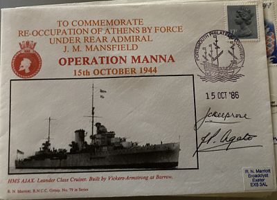Royal Navy WW2 JC Keeprose and JP Agate signed cover Operation Manna 15 Oct 1944 HMS Ajax under 