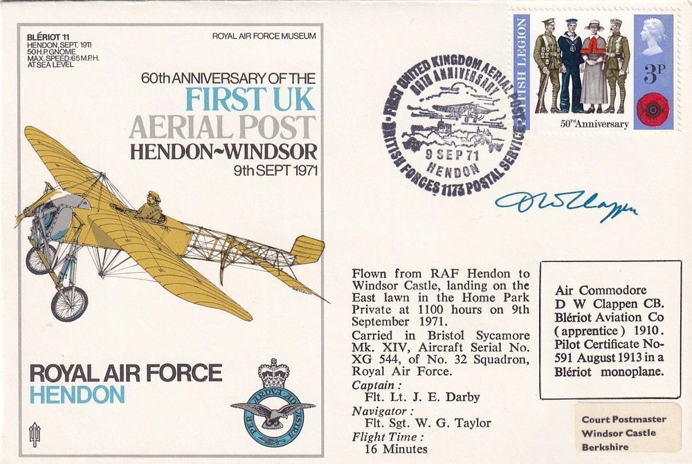 Great War Air Cdr Clappen signed Rare RAF Hendon flown cover no. 34 of 110 issued.9 Sep 71 BFPS 