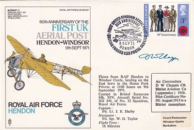 Great War Air Cdr Clappen signed Rare RAF Hendon flown cover no. 34 of 110 issued.9 Sep 71 BFPS 