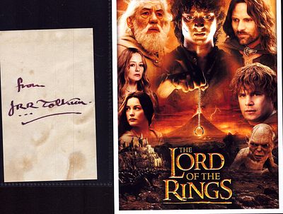 J.R.R. Tolkein signed 5x3inch album page with accompanying Lord of the Rings colour photo.