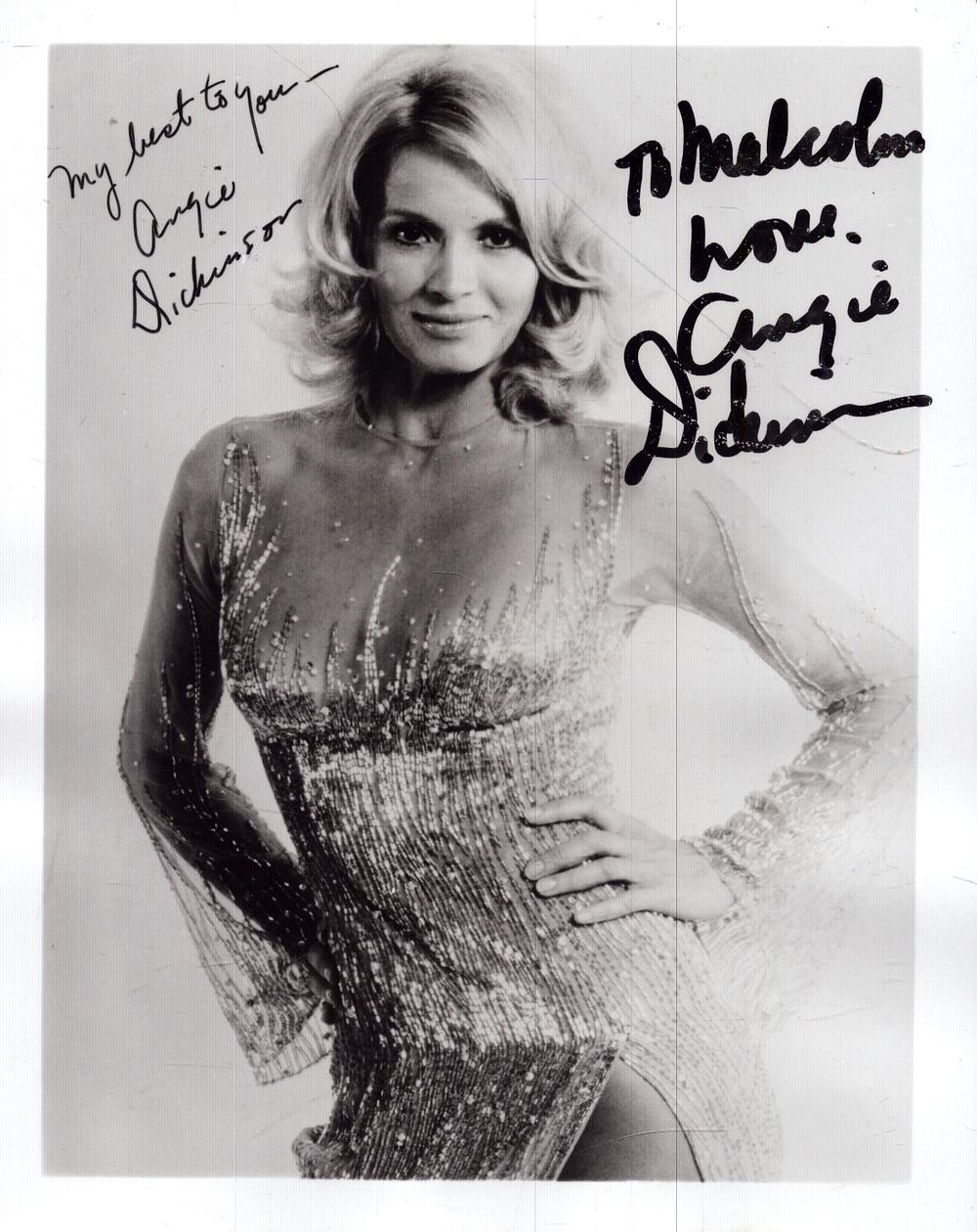 Angie Dickinson signed 5x4inch black and white photo.