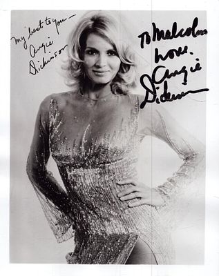 Angie Dickinson signed 5x4inch black and white photo.