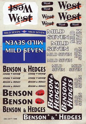 Sheet of decals including Mild Seven and Benson & Hedges, Dec 29 F1 1998.