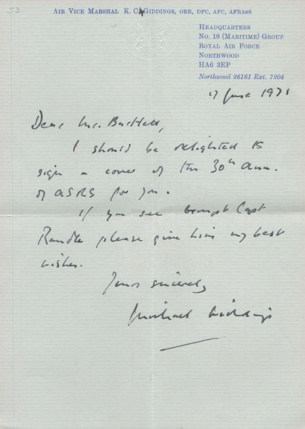Lot 566: Handwritten Letter Dated 17 June 1971 Signed by...