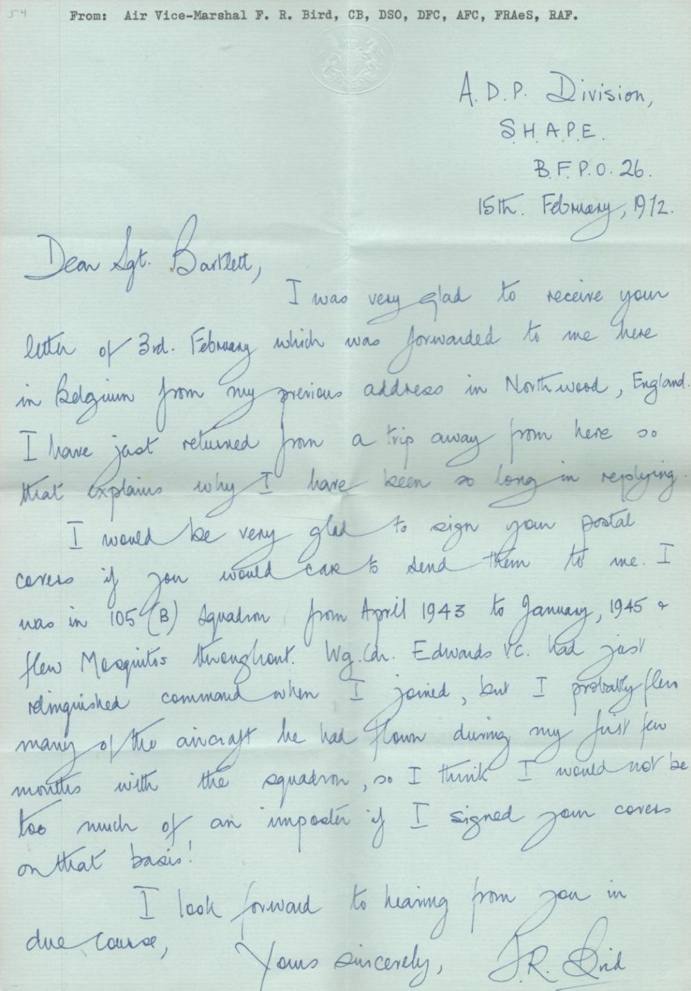 Lot 567: Handwritten Letter Dated 15th February 1972 Air Vice...