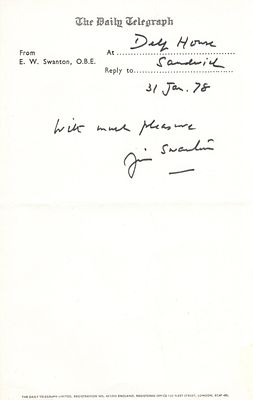 WW2 Prisoner of the Japanese and acclaimed cricket journalist E.W Swanton signed note.
