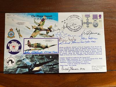 WW2 Battle of Britain 7 pilots signed 50th ann cover The Major Assault RAFA11. Includes Sandy 