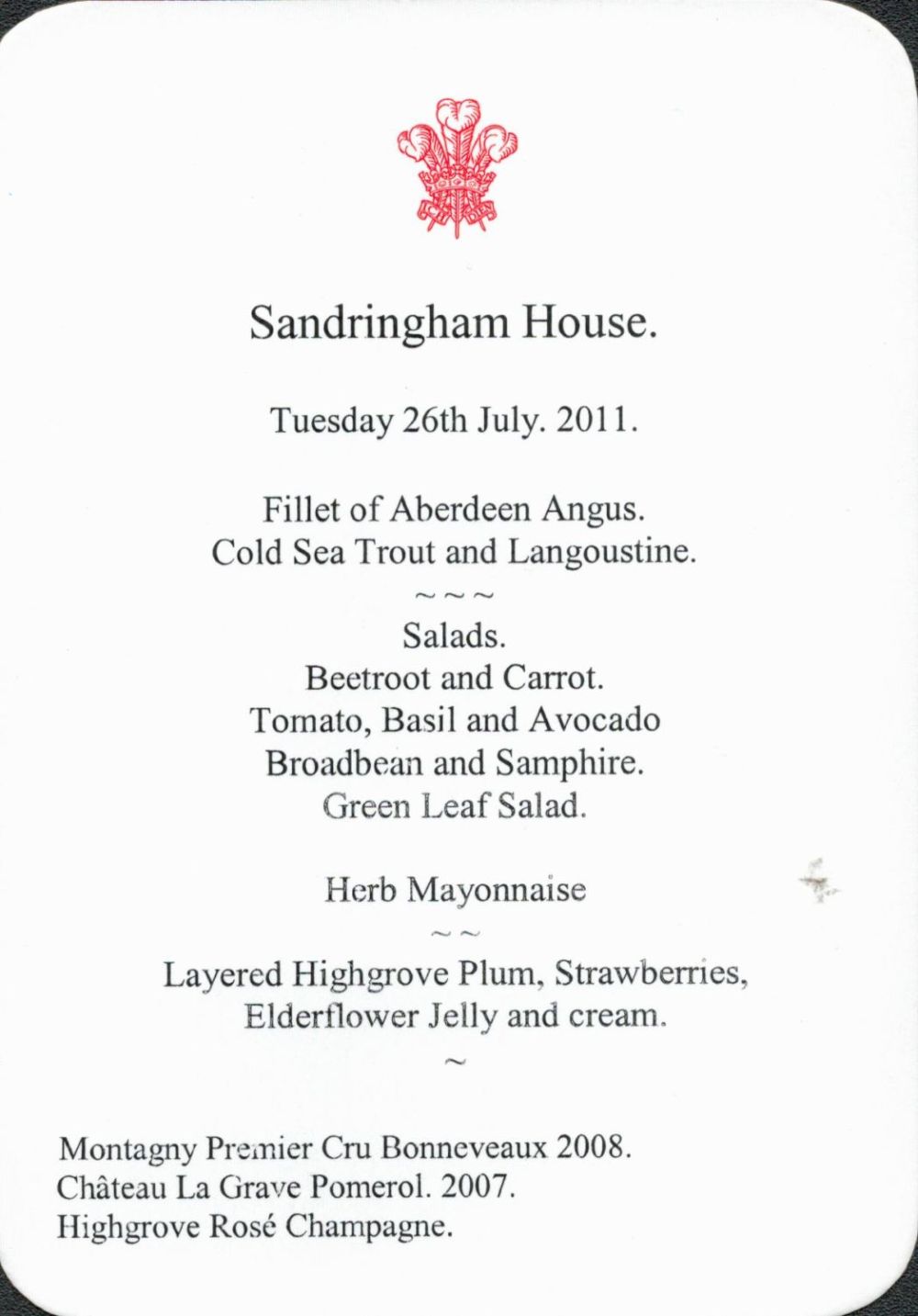 Lot 137: Prince Of Wales dinner menu dated 26th July...