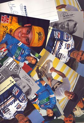 Collection of printed signatures, various sizes, includes Damon Hill and others.
