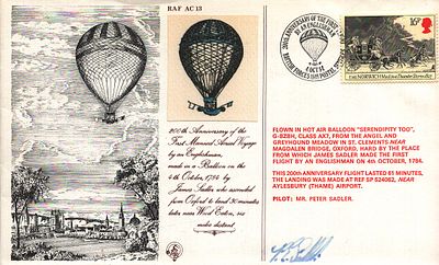 Mr Peter Sadler Pilot signed FDC. 200th Anniversary of the First Manned Aerial Voyage by and 