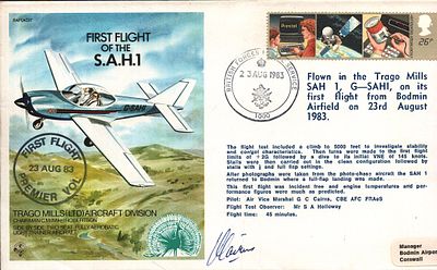 G C Cairns., Pilot Vice Marshal CBE AFC FRAeS signed FDC. First Flight of The S.A.H.1 Single 