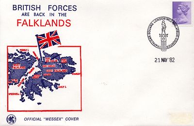 British forces are back in the Falkland's, stamped 21st may 1982 FDC.