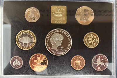 1999 Royal Mint United Kingdom proof coin set of 9 coins in blue protective case.