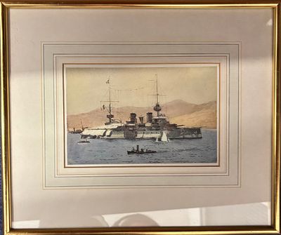 French Flagship Suffren by Norman Wilkinson, print size 7x4.5inch, frame size 13x11inch, 1915.