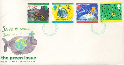 Royal Mail The Green Issue first day cover with 4 Blue Peter stamps displaying 24p Acid rain 